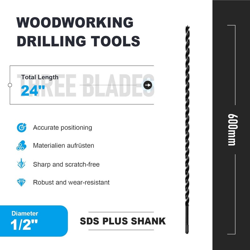 WOBLLMX 1/2" x 24" Auger Drill Bit with SDS Plus Shank for Wood,Tri Flute Ship Auger Long Drill Bit for Soft and Hard Wood,Tree Stump,Plastic,Drywall and Composite Materials - Image 2